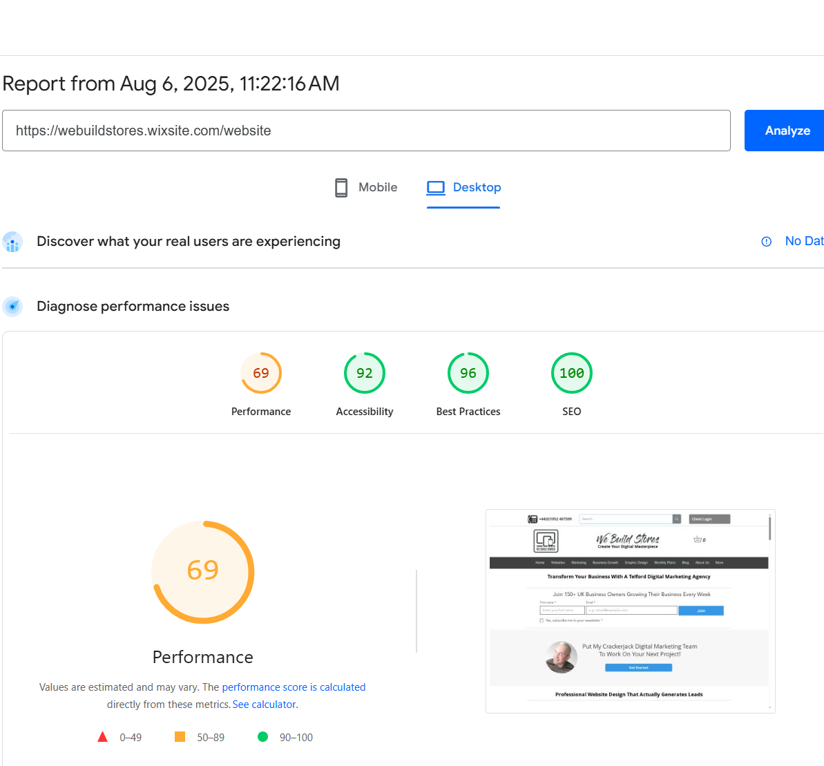 Wix PageSpeed Score: 69/100