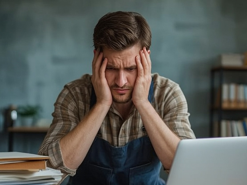 Before: Stressed tradesperson struggling with paperwork and empty calendar